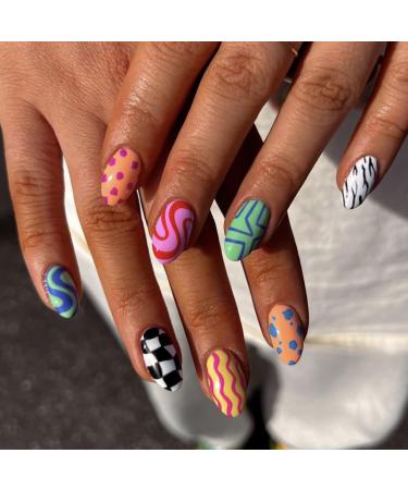 MERVF Oval Press on Nails Medium Fake Nails Press ons Colorful Glue on Nails with Checkered Striped Design Round Cute Summer Acrylic False Nails Glossy 24pcs 2401 Colorful
