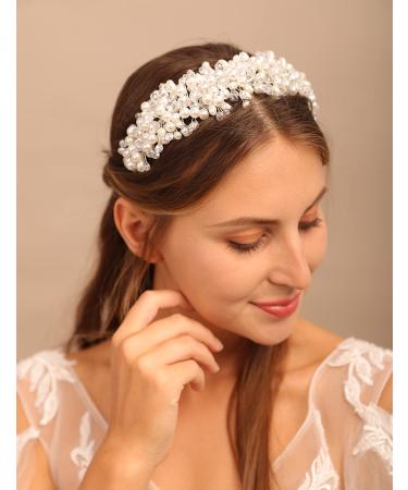 YERTTER Vintage Wedding Pearl Beads Crystal Tiara Hair Crown Handmade Bride Headband Bridal Greek Goddess Pearl Head Pieces for Wedding Prom Birthday Party (Style 1)