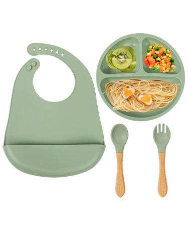Baby Weaning Set 4 Pcs Baby Led Feeding Supplies Baby Toddler Silicone Suction Divided Plate Adjustable Bib Spoon Fork Set for Baby and Toddlers