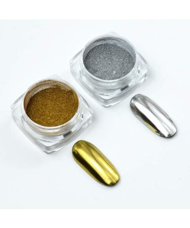 Metallic Chrome Powder, 2 Jars Nail Art Mirror Glitter Effect Chrome Pigment Powder Dust Gold Silver Chrome Nail Powder Manicure Tips with Sponge Applicators Metallic Chrome Powder2 Jars