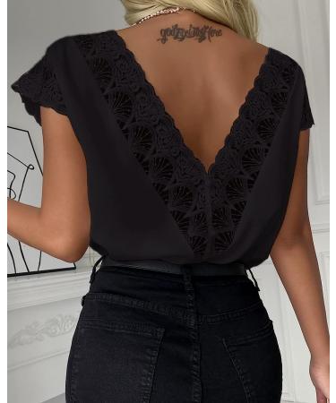 Women's Black V Neck Button Down Blouse with Lace Trim Backless Detail | Cap Sleeve Tunic Shirt - Buy Online on SooperMarket.com