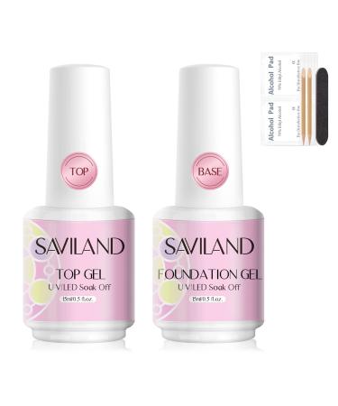 SAVILAND 15PCS No Wipe Gel Base and Top Coat Set -15ml*2 Large Capacity  Shiny Gel Polish Base and Top Gel Coat Soak Off Clear Gel Polish Nail Accessories  for Starters Nail Salon Home DIY Ideal Gift