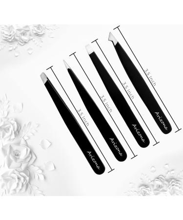 Avizona Set of 4 Precision Tweezers for Facial Hair - Professional Eyebrow Tweezers for Women & Men - Black Color Coated - Includes Leather Pouch - Buy Online on SooperMarket.com