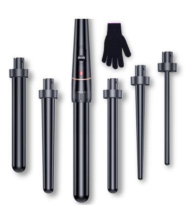 6 in 1 Curling Wand Set with Various Accessories Tourmaline Ceramic Hair Curling Iron Anti-Static Coating Heat-Resistant Glove and 2 Hair Clips Black 6 in 1