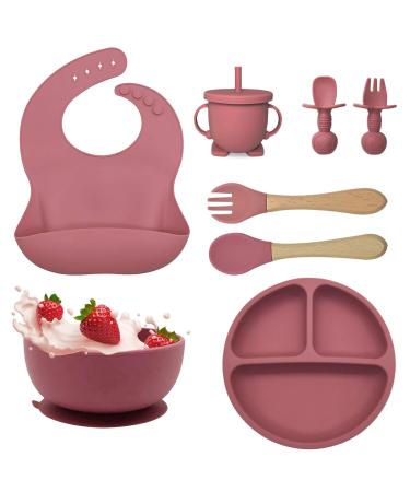 Baby Weaning Set 8pcs Toddler Feeding Set Adjustable Bib with Large Crumb Pouch Suction Bowl Cup Fork and Spoon Baby Feeding Sets Cutlery Set Easy Wipe Clean for Babies and Toddler (Pink)