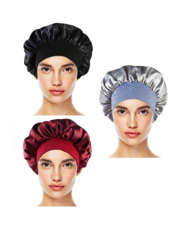 Wide-Brimmed Satin Night Caps 3-Pack for Women - Wine Red, Black, Silver - Buy Online on SooperMarket.com