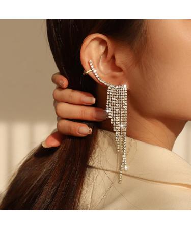 Chargances Boho Silver Long Tassle Crystal Earring Glitter Rhinestone Statement Dangle Earrings for Women Girls Wedding Party (Silver)