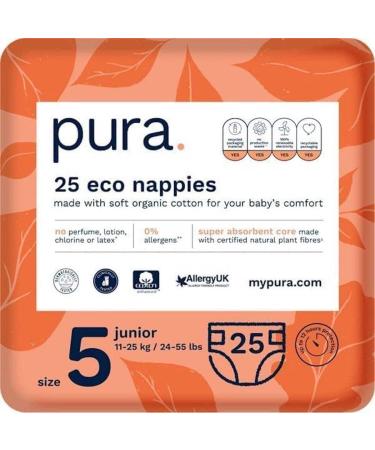 Pura eco-diapers size 5 (junior 11-25 kg) 25 diapers (1 pack) certified with EU Ecolabel for sensitive skin made of cotton odorless hypoallergenic 12 hours of outlet protection size 5 (25 diapers)