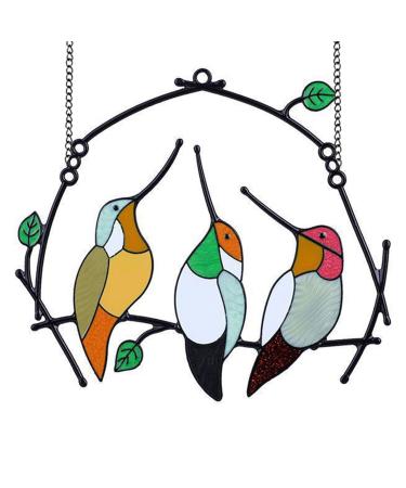 Cliplanyard Stained Bird Ornaments Multicolor Birds on a wire Window Hanging Bird Series Pendant Metal Bird Window Hangings Garden Decoration (3 Birds)