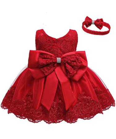 LZH Baby Girls Lace Dress Bowknot Flower Dresses Wedding Pageant Baptism Christening Tutu Gown 0-24 Months 4-5 Years Red