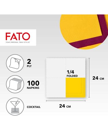 FATO Disposable Paper Napkins for Aperitifs & Cocktails - 100 Pack 24x24 cm 4-Fold Yellow FSC Certified - 100% Pure Cellulose - Buy Online on SooperMarket.com