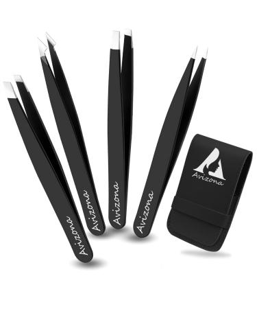 Avizona Set of 4 Precision Tweezers for Facial Hair Women & Men Professional Eyebrow Tweezers for ingrown Hair Black Color Coated tweezer Set with Leather Pouch