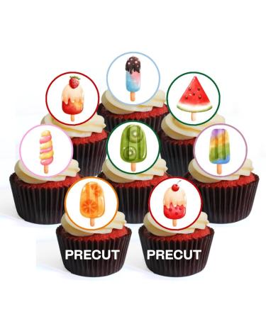 PRECUT Ice Lolly Edible Cupcake Toppers - Summer Ice Cream Theme Premium Thickness SWEETENED VANILLA - wafer card disc cake decorations (Pack of 24)