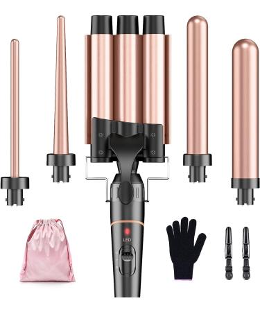 BESTOPE PRO Waver Curling Iron - 3 Barrel Hair Crimper Iron 5 in 1 Curling Wand Set Fast Heating Up Hair Wand with 2 Clips Crimper Wand Curler for All Hair Type Storage Bag & Heat Protective Glove Rose Gold 0.35 Inch - 1.25 Inch