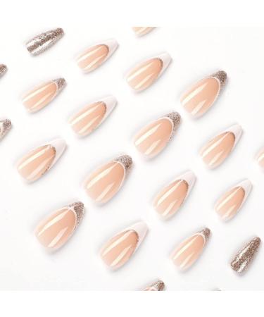 Justotry 24 Pcs Gold Glitter Almond Short False Nails - French Press on Nails | Trendy Nude Fake Nails with Glue | Stiletto Medium Stick on Nails for Women - Buy Online on SooperMarket.com