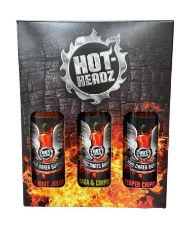 Hot Headz - Who Dares Burns! Firepower Hot Sauce Gift Set Including 3x 148ml Hot Chilli Spicy Sauces. Selection Box For Any Dishes. All Natural Flavours Ideal As A Marinade And For Dipping.