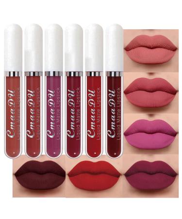 evpct CmaaDu 6Pcs Matte Liquid Lipstick Lipgloss Lip Gloss Stain Makeup Set for Women Deep Dark Red Original 24 Hour Lipstick Long Lasting labiales matte mate larga duracion 24 horas originales A-03 0.08 Fl Oz (Pack of ...