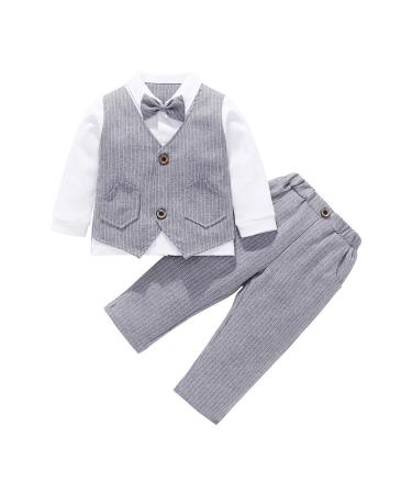 AmzBarley Baby Boys Gentlemans Outfit Suit Kids Long/Short Sleeve Dress Shirt Pants Vest Bowtie Tuxedo Rompers Childs Birthday Evening Holiday Party Grey 205 1-2 Years