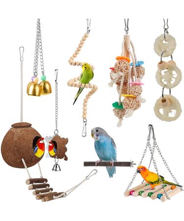 Toys for Bird Parakeet Toy Bird Perch Bird Cage Hammock Coconut Hideaway with Ladder Hanging Bell Swing Chewing Hanging Toy for Parakeet,Conure,Cockatiel,Love Birds,Parrots
