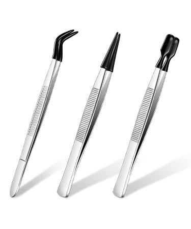 3 Pieces Tweezers with Rubber Tips Tweezers PVC Coated Tweezers Set, Rubber Straight Tip Tweezers Rubber Flat Tip Tweezer Long Bent Tweezers for Crafts Stamps Beads Jewelry Tools (Black)