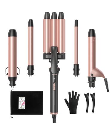 Wavytalk 5 in 1 Curling Iron, Curling Wand Set with Three Barrel Curling Iron and 4 Interchangeable Ceramic Curling Wand, Fast Heating Wand Curling Iron, Dual Voltage Hair Waver (Rose Gold) Curling Wand Set with Hair Waver