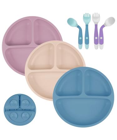 Vicloon Baby Suction Plate 3Pcs Silicone Baby Suction Plates Non Slip Silicone Baby Weaning Plate Divided Dishes for Toddler Kids Self Feeding Fits for Most Highchairs Trays(Blue/Pink/Beige)