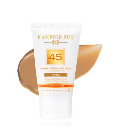 Hampton Sun SPF 45 Tinted Wrinkle Control Face Cream. Daily Moisturizer + Sunscreen. Light Blendable Coverage. Dewy Glowy Finish. Hyaluronic Acid + Organic Cucumber Extract Plumps + Brightens