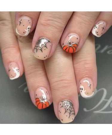 24 Pcs Halloween Press on Nails Short Square Nails Design Pumpkin Ghost Fake Nails with Glue Silver Spider Web Ghost Acrylic Nails Supply Halloween Full Cover False Nails Glue on Nails for Women Short Halloween Nails 1