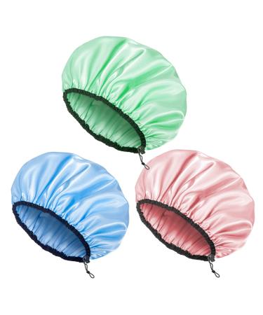 Auban Shower Cap for Women Reusable Shower Caps Waterproof Satin Exterior EVA Lining Adjustable & Extra Large Hair Cap for All Hair lengths 3 Colors ADJUSTABLE-blue-pink-green
