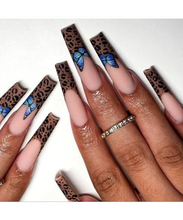 Brishow French nails to stick on leopard long artificial nails butterfly press on nails false nails 24PCs for women and girls