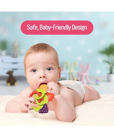 Baby Teething Toys for Newborns to Infants 6-12 Months | BPA Free Silicone Teethers | Fruit Shaped with Ring | Soothes Gums | 3 Pack - Buy Online on SooperMarket.com