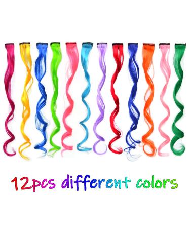 12 Pcs Colored Hair Extensions Clips - Curly Wavy Synthetic Hairpieces for Women, Kids, Girls - Multi-color Party Highlights - Colorful Set - Buy Online on SooperMarket.com