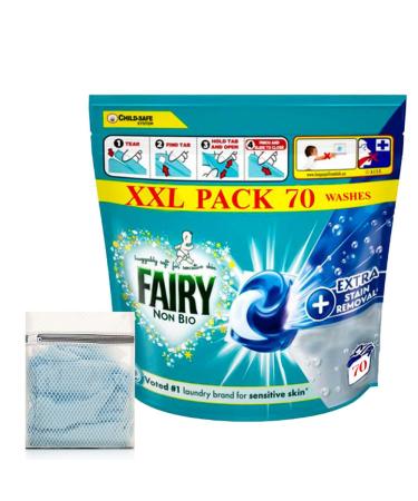 Direct Mart Fairy Non-Bio PODS Washing Liquid Laundry Detergent Capsules Tablets 70 Washes | with 47cm x 32cm Washing Laundry Bags for Socks Underwear Bra and More