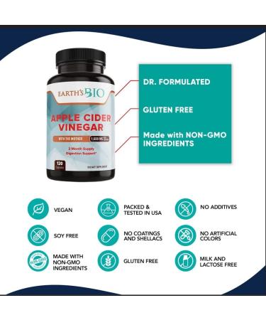 Earth's Bio 1600mg Apple Cider Vinegar with Mother - 120 Vegan Capsules | Supports Weight Loss, Digestion & Immune System | 2 Month Supply - Buy Online on SooperMarket.com