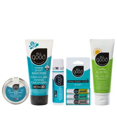 All Good Mineral Sun Care Set - Aloe Gel  SPF 15 Lip Balm  Sport Sunscreen Lotion  Zinc Butter  & Face/Nose/Ear Sunstick