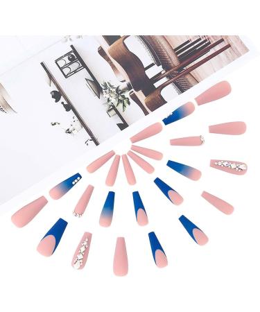 Brishow Coffin Rhinestone Press on Nails French Long Stick on Nails Ballerina Acrylic Fake Nails - Blue 24 Piece Set - Buy Online on SooperMarket.com