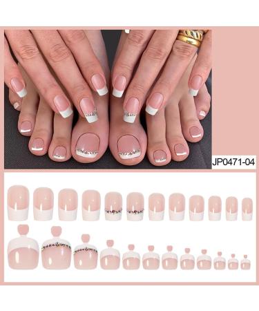 White Rhinestone French Tip Press on Toenails - 48Pcs Full Cover False Nails for Women - Buy Online on SooperMarket.com