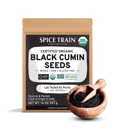 SPICE TRAIN, Organic Black Cumin Seeds Whole (397g/14 OZ) Nigella Sativa | Whole Cumin for Cooking | Resealable Zip Lock Pouch | 100% Raw Black Cumin Seed from India | Vegan & Gluten free Kalonji