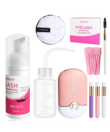 Eyelash Shampoo Cleanser Set Lash Extension Clean Mousse Mini USB Fan Dryer Wash Bottle Mascara Brush Cleansing Brushes Makeup Remover Pad Disposable Microbrushes Women Beginner Home Salon Use