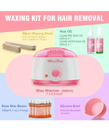 Waxing Kit for Women - MaxFlat Wax Pot with Rose Hard Wax Beans - Full Body Brazilian, Armpit, Eyebrow, Bikini, Leg Wax - Includes 20 Wax Applicator Sticks, Oil, and Silicone Bowl - Buy Online on SooperMarket.com
