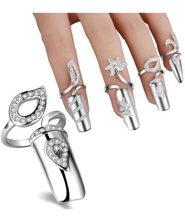 4 PCS Rhinestone Finger Tip Nail Rings - Adjustable Opening Nail Art Charms in Silver Women's Fashion - Buy Online on SooperMarket.com