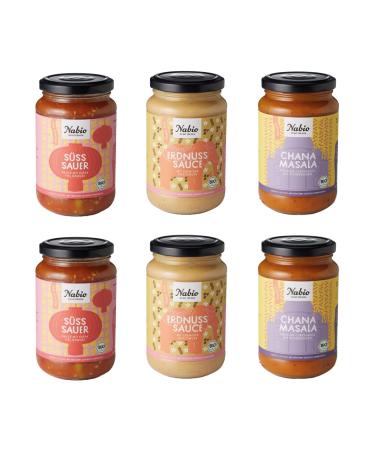 NABIO | Six vegan Asian sauces in three varieties 2x Chana Masala 2x Peanut Sauce 2x Sweet and Sour Sauce.