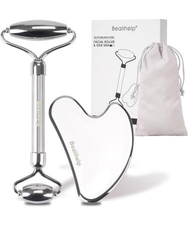 Face Roller & Gua Sha Stainless Steel Facial Roller and Guasha Tool for Face Skin Care Roller for Wrinkles and Lifting Improve Puffiness Metal Face Massager for Eyes Neck Tighten