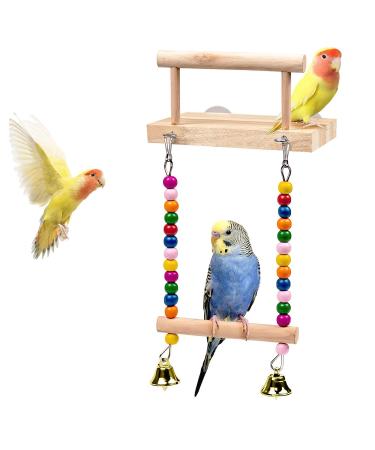 TeTupGa Bird Perches Cage Toys Parrot Wooden Platform Stand with Swing Bell Swing Hanging Standing Chewing Toy Bird Cage Accessories for Parakeet Cockatiels Conures Budgie Lovebird Bird swing 02
