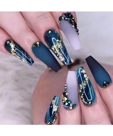 Brishow coffin artificial nails Strass press on nails long nails to stick on blue marble stick on nails ballerina acrylic artificial nail24 pieces for women and girls blue 1 piece (1 Pack)