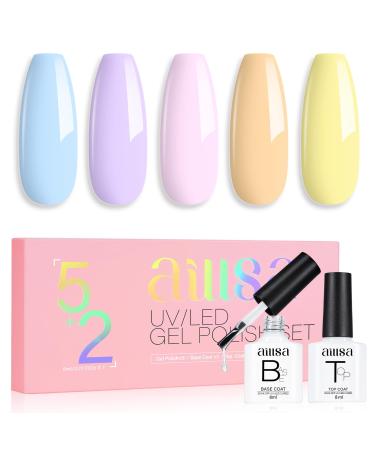 AILLSA Pastel Blue Gel Nail Polish Set Baby Yellow Lavender Purple Macaron Gel Polish with Base and Top Coat Long Lasting All Season Color Soak Off U V L ED Manicure Art Salon DIY at Home 7Pcs 8ML Blue Macaron