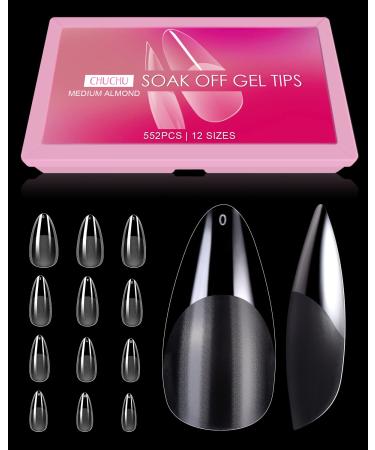 CHUCHU Almond Nail Tips Full Cover Gel Nails Tips 552Pcs PMMA Medium Almond Soak off Clear Pre-buff False Nail Tips for Nail Extension Nail Art with Box Home DIY Nail Salon 12 Sizes
