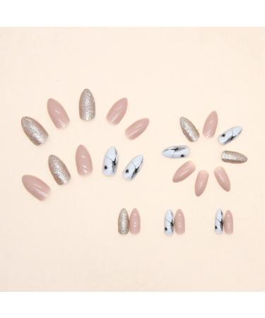 JUSTOTRY 24 Pcs Short Marble Stiletto False Nails - Nude French Glitter Press On Nails with Nail Glue - Trendy Almond Stick On Nails for Women - Buy Online on SooperMarket.com