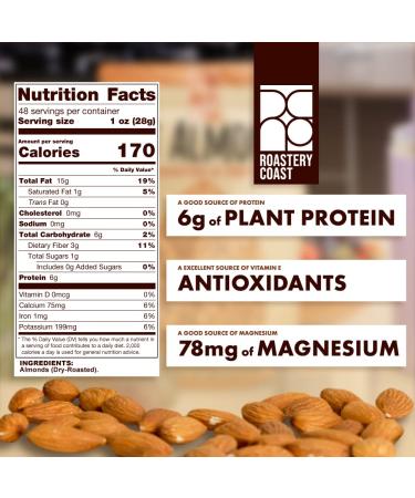 Roastery Coast - Daily Nuts Just Roasted Almonds | Almonds Bulk 3 LB | Unsalted Nuts| Slow Dry Roasted | Steam Pasteurized | Plant Protein | Gluten Free | Non-GMO | Low carb | Keto Snack | Prime Snack A. Unsalted - Buy Online on SooperMarket.com