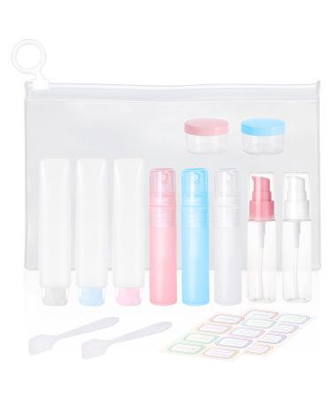 12-Piece Travel Bottle Set with 2 sheets Label Stickers 1-Piece Toiletry Bag Hose Squeeze Bottle Spray Bottle Refillable Liquid Container for Toiletries Cosmetics